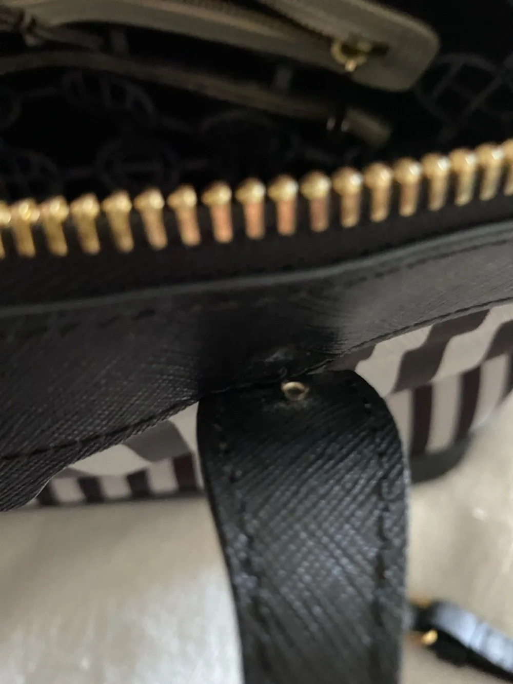 Henri Bendel Black & Cream Striped Satchel with Gold Charm